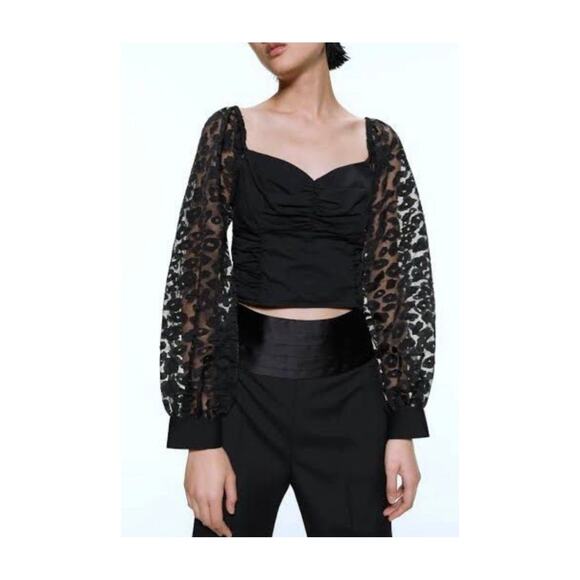 Women's Zara Contrasting Animal Print Organza Puff Sleeve Crop Top Black - Picture 2 of 13